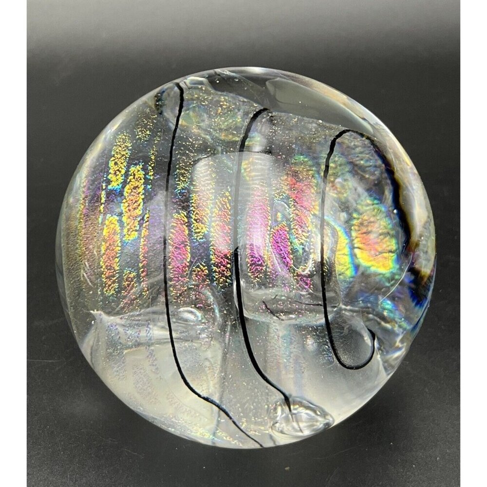 Tim Lazer Signed 2008 Dichroic Swirl Bubbles Art Glass Paperweight 3 1/2"